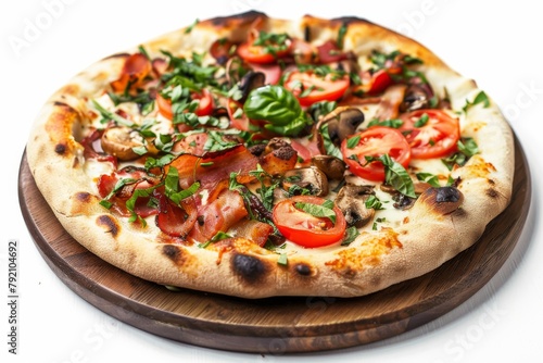 Canadian Pizza or Regina with Bacon, Tomatoes, Boletus Mushrooms, Fresh Basil, Tomato Sauce