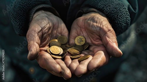 Senior man's hands with coins. Poverty and unemployement concept.