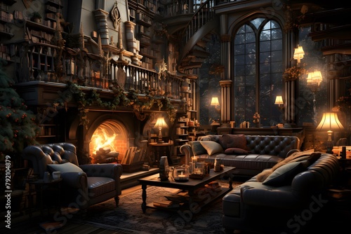 Interior of a room with a fireplace. 3D rendering.