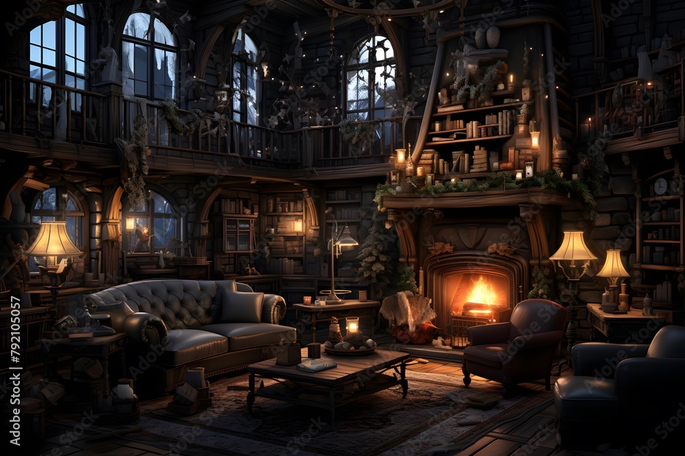 3D rendering of a fairy-tale interior with a fireplace.