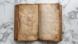 Illustration of an antique open book with blank pages on a white marble. Old book with yellowed pages in mockup style with copy space.