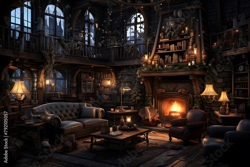 3D rendering of a fairy-tale interior with a fireplace.