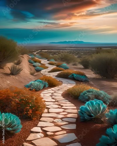 Illustration of a semi-desert with a path paved with light brown stones. photo