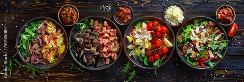 Spicy Salads Set, Salat Collection with Beef Meat and Vegetables Salats Top View, Restaurant Buffet Menu