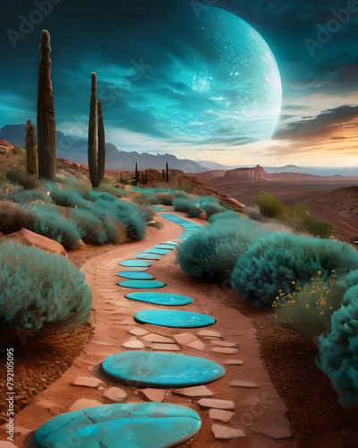Illustration of a semi-desert with a path paved with azure blue stones with a fantasy atmosphere. photo