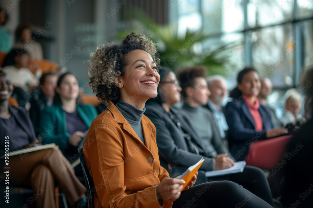 Inspired audience: Confident woman enjoying a seminar. A radiant woman with curly hair, dressed in an elegant orange blazer, holding a notebook and smiling as she participates in a seminar. Inspired audience: Confident woman enjoying a seminar. A radiant woman with curly hair, dressed in an elegant orange blazer, holding a notebook and smiling as she participates in a seminar.
