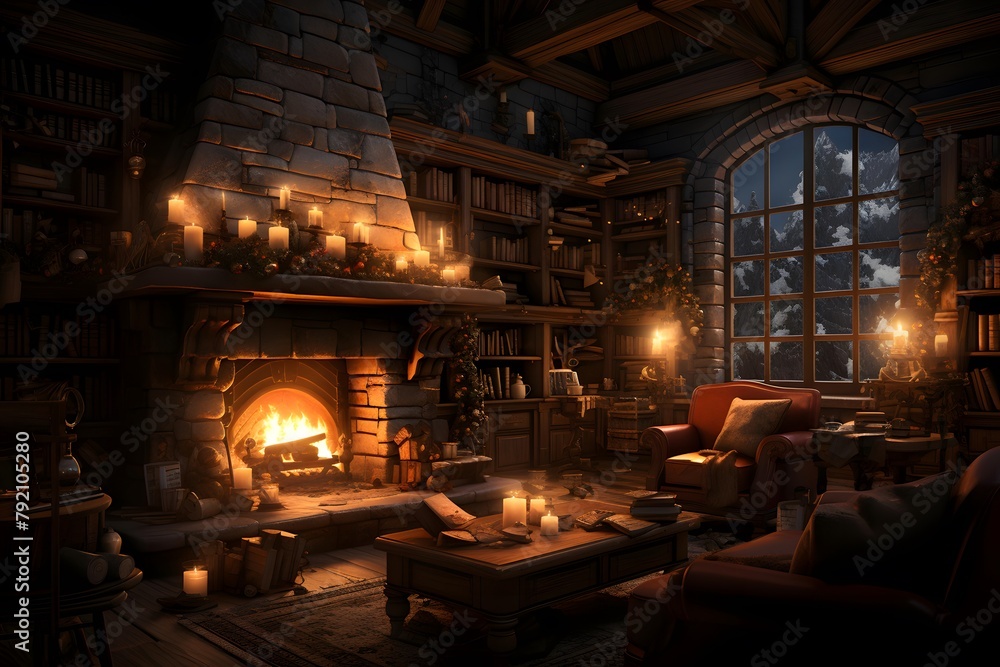 3d illustration of a cozy living room with fireplace and christmas tree