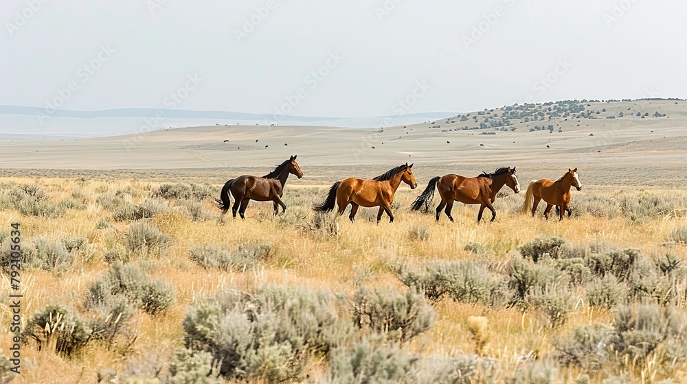 Small band of wild horses approaches with curiosity in the high desert West on public lands in Wyoming, USA Wyoming, United States of America

