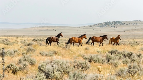 Small band of wild horses approaches with curiosity in the high desert West on public lands in Wyoming  USA Wyoming  United States of America  