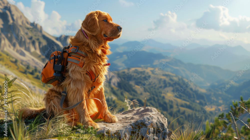 A Golden Retriever with a backpack enjoys a break on a mountainous hiking trail.