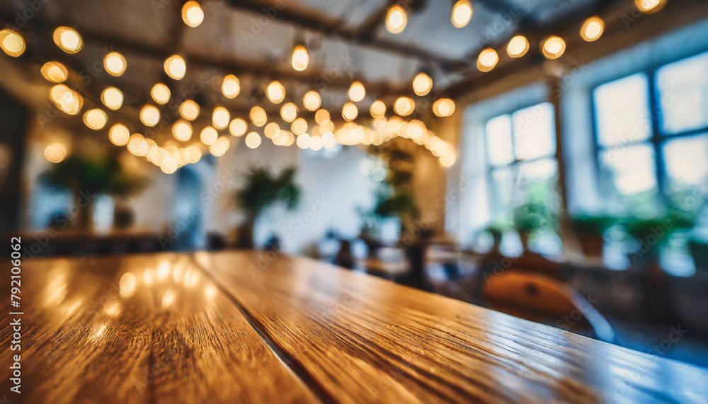 Blurry photo of wooden table in room with lights on it. Blurry photo of wooden table in room with lights on it.