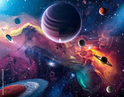 outer space; style encaustic ,semitransparent