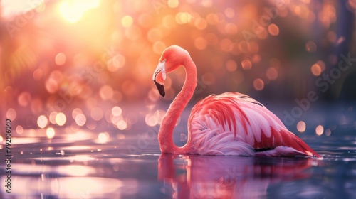 beautiful pink flamingo in a lake with pink bokeh effect background in high resolution © Marco