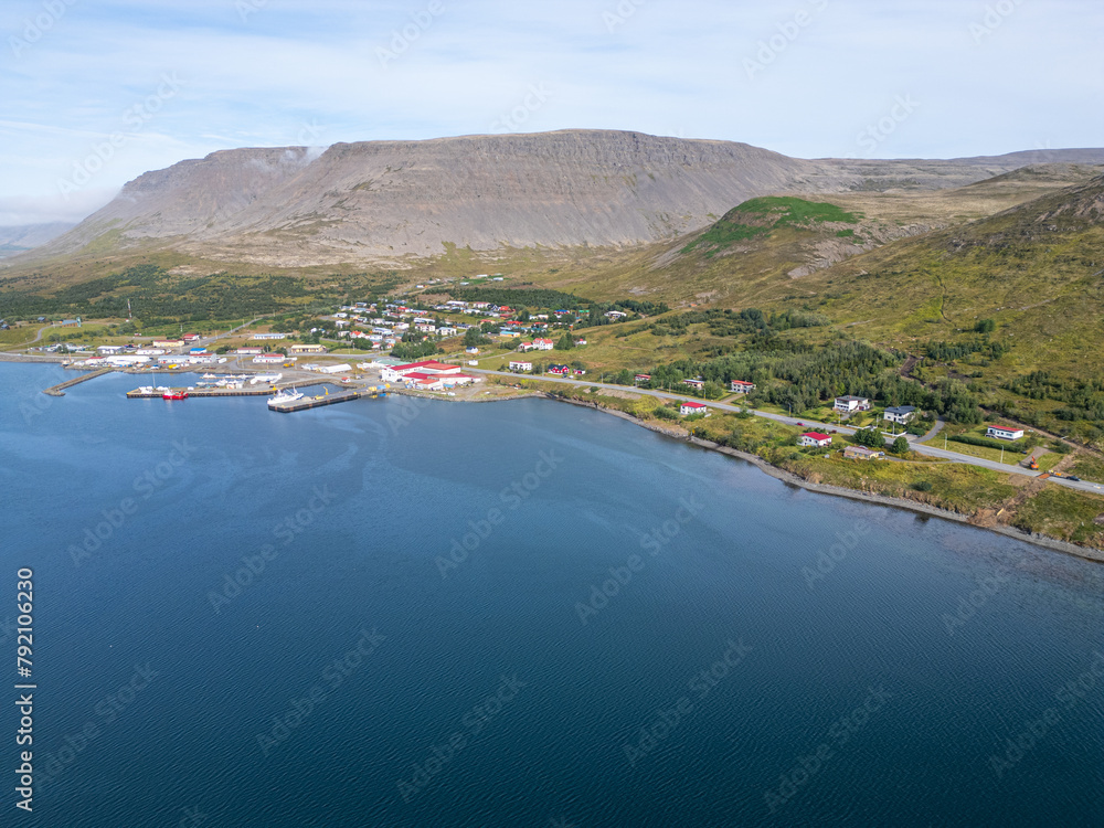 Obraz premium Aerial view of town of Talknafjordur in the Icelandic westfjords