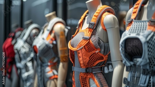 Futuristic exoskeleton on display at a technology expo