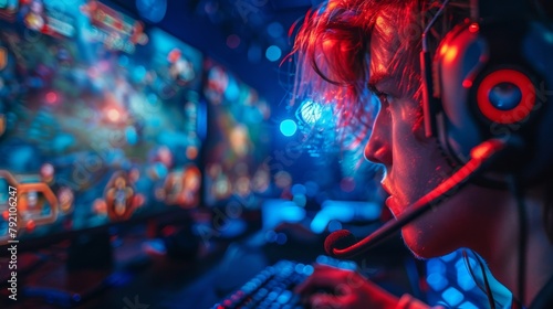 Gamer in red and blue lighting playing an intense game