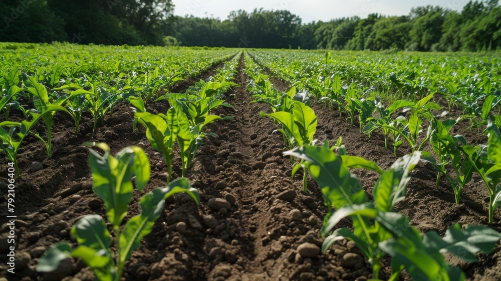 Rows of young green corn plants growing in a field