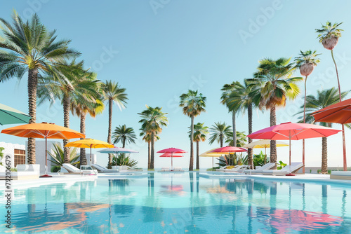Refreshing hotel pool with palm trees and colorful umbrellas  perfect for a summer getaway  isolated on solid white background.