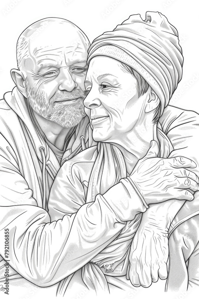Obraz premium A drawing showing a man and woman embracing each other in a tight hug