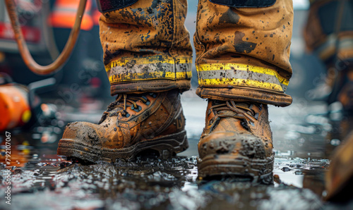 Detailed shot of a firefighter's boots splashed with mud, standing firm while operating a fire hose.