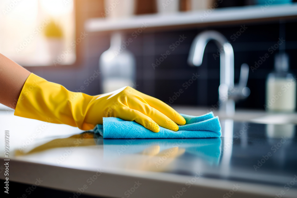 Hands of female cleaning lady in yellow gloves close-up. Housewife polishing a tabletop. Cleaning concept, room service.