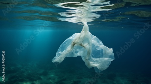 Plastic bag floating elegantly under serene ocean waters simulating a continent.