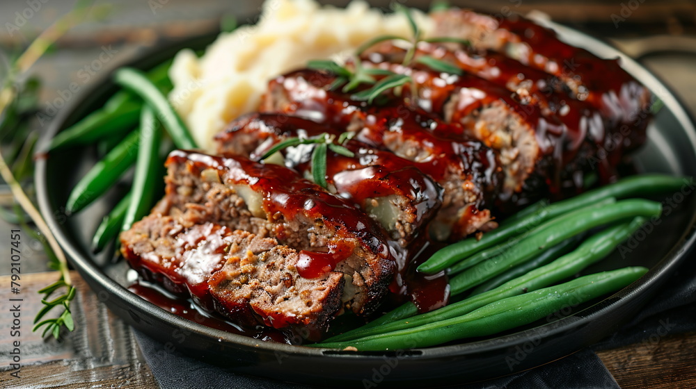 BBQ glazed meatloaf slices with mashed potatoes and green beans. BBQ glazed meatloaf slices with mashed potatoes and green beans.