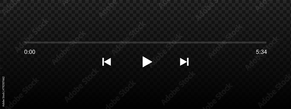 Audio or video player progress bar on start position with time slider, play, rewind and fast forward buttons. Template of podcast, audiobook or song playback panel interface. Vector illustration. Audio or video player progress bar on start position with time slider, play, rewind and fast forward buttons. Template of podcast, audiobook or song playback panel interface. Vector illustration.