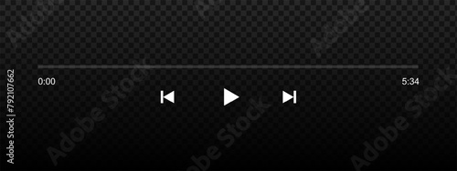 Audio or video player progress bar on start position with time slider, play, rewind and fast forward buttons. Template of podcast, audiobook or song playback panel interface. Vector illustration. photo
