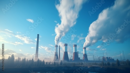 Power plant with smoking chimneys on a background of blue sky.Factories release CO2 into the atmosphere.Concept of carbon trading market.Atmospheric pollution.