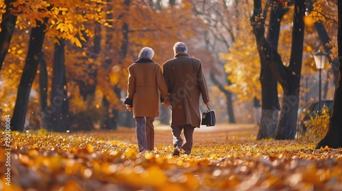 Couple Old Elderly Elder Grandparent Walking in Autumn Park 