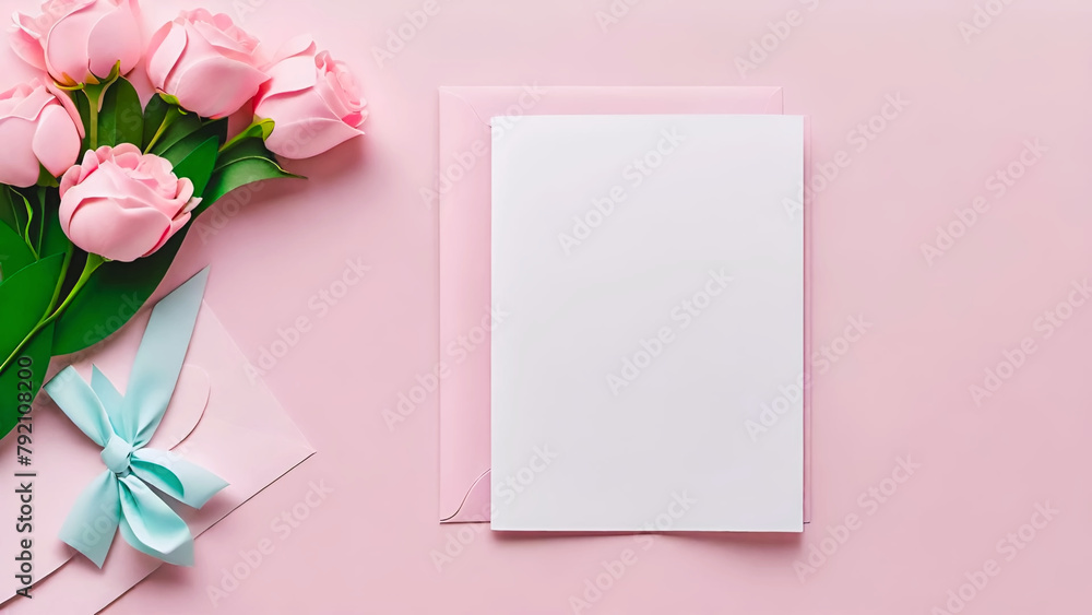 Pink roses bouquet, letter envelop and blank white paper page sheet mock-up. Flowers design template in elegant pastel colors. Floral composition with copy space. Greeting card or invitation. Pink roses bouquet, letter envelop and blank white paper page sheet mock-up. Flowers design template in elegant pastel colors. Floral composition with copy space. Greeting card or invitation.