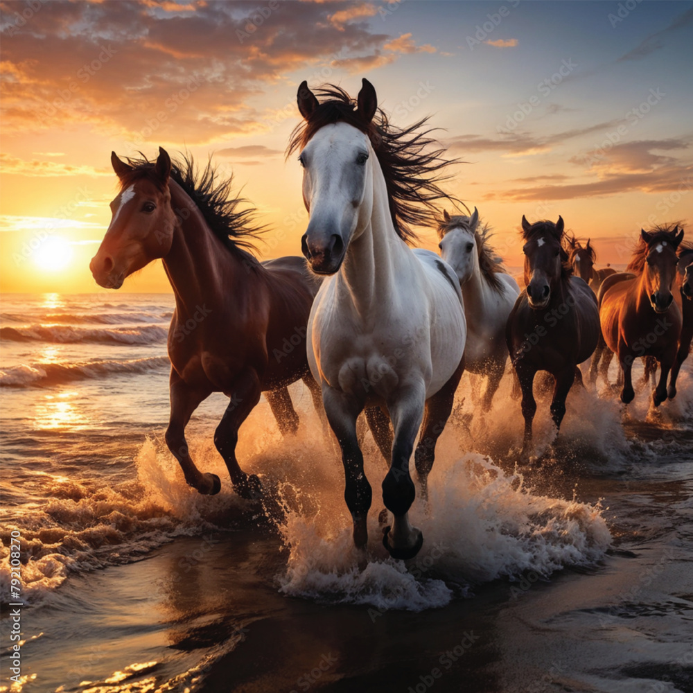 A herd of horses on the seashore at sunrise