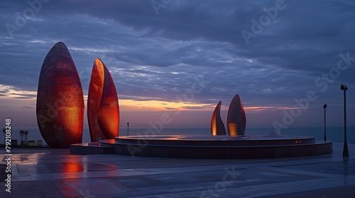 View of the famous Flame Towers illuminated and Caspian Sea at dusk, seen from Boulevard Park in Baku, Azerbaijan.
