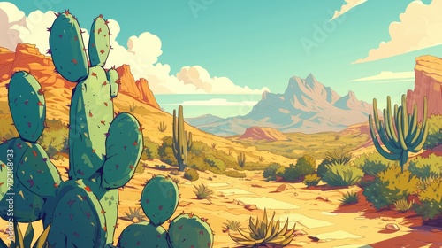 A whimsical illustration showcasing a classic desert scene complete with scattered cactus plants and rugged mountains in the distance