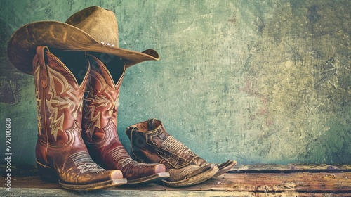 Wild West retro leather cowboy hat and old boots. Vintage style filtered photo

