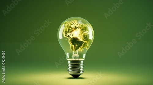 Renewable Energy.Environmental protection, renewable, sustainable energy sources. Green world map on the light bulb on green background .green energy.