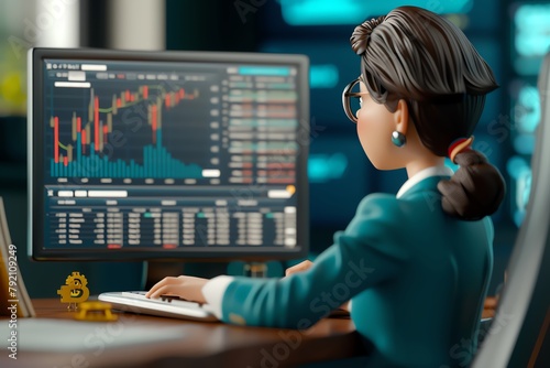 Businesswoman analyzing cryptocurrency trends on a digital tablet, graphs and data visualization in foreground, office environment