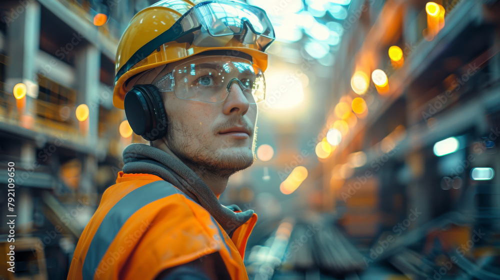 A focused industrial worker with personal protective equipment overlooks machinery in a factory setting. A focused industrial worker with personal protective equipment overlooks machinery in a factory setting.