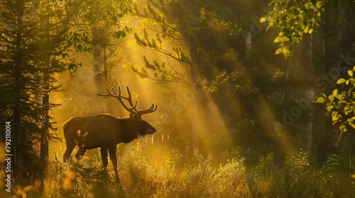 A bull elk(Cervidae) in a hot and sunny setting in the boreal forest (Prince Albert National Park) in northern Saskatchewan, Canada.

 photo