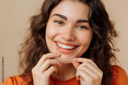 Close up cropped young woman wear orange shirt casual clothes hold in hand invisible transparent aligners, invisalign bracer smile isolated on plain pastel light beige background. Lifestyle concept.