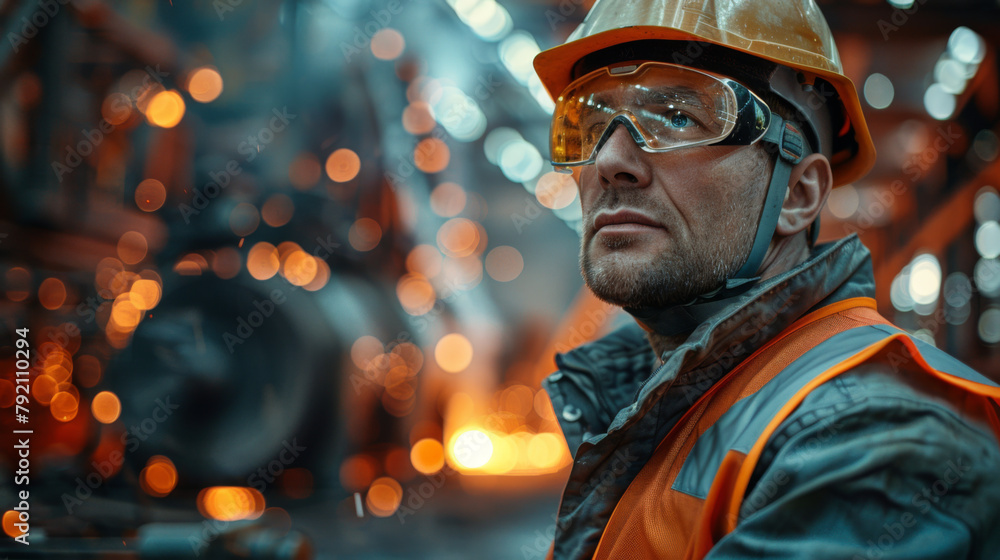 Skilled worker with protective helmet and glasses against an industrial backdrop with sparks. Skilled worker with protective helmet and glasses against an industrial backdrop with sparks.