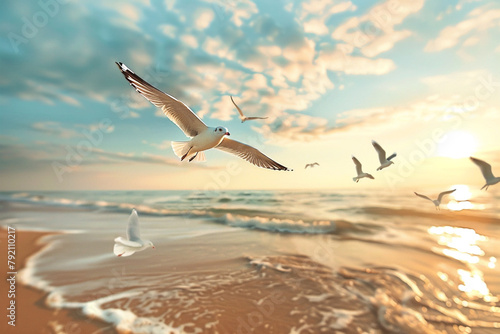 Seagulls soaring above a sandy beach, searching for food © soman