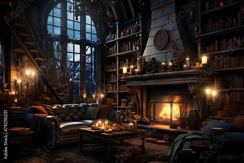 3d illustration of a dark room with a fireplace and a bookcase