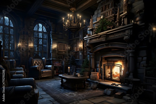 Interior of a mansion with a fireplace in the evening. 3D rendering