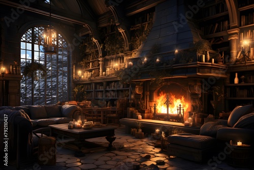 3d illustration of a beautiful room with a fireplace in the night