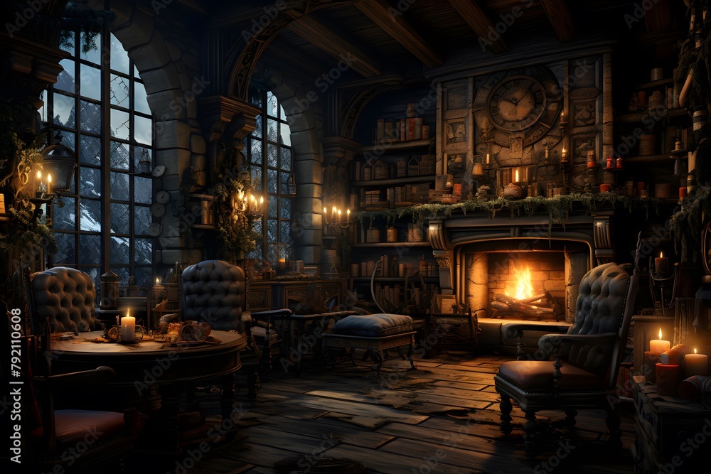 3D rendering of a fantasy room with a fireplace and a bookcase