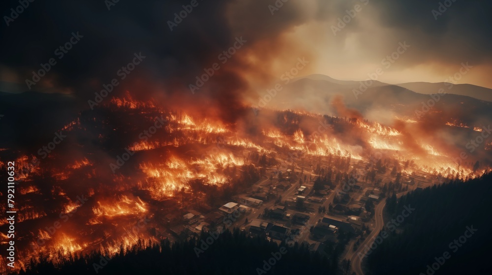 Wildfire forest fire burning down a town, climate change. Wildfire forest fire burning down a town, climate change.