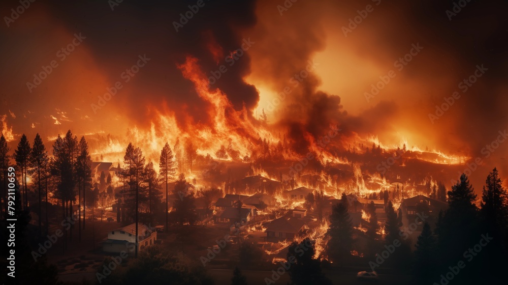 Wildfire forest fire burning down a town, climate change. Wildfire forest fire burning down a town, climate change.
