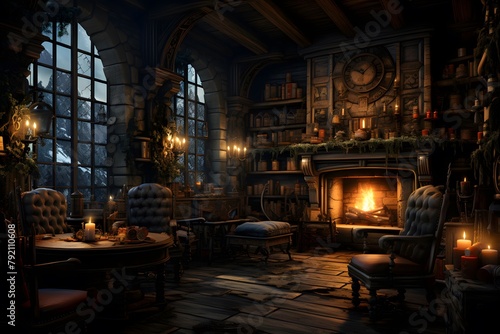 3D rendering of a fantasy room with a fireplace and a bookcase © Iman